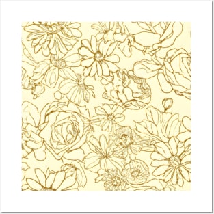 Artistic Flower Design: Hand-Drawn Roses and Daisies on a Vintage Yellow Background. Posters and Art